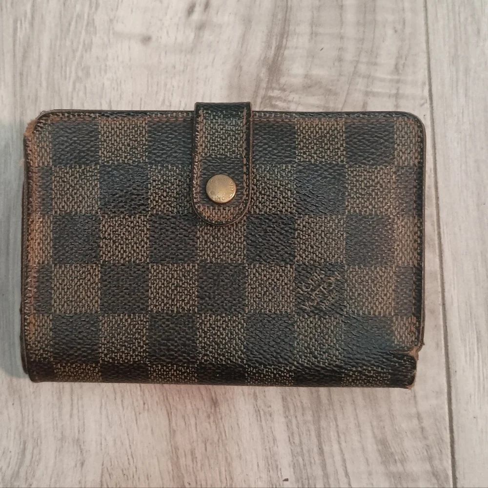 Auth Louis Vuitton LV Damier Vienois Wallet w/ Gold Fittings Canvas Brown